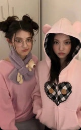 EatmePlz Newjeansカン·ヘチョンのようなヘリン·ピンクベアハートオボピッ長い腕フードジャンパーです