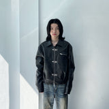Textured Leather Metal Clasp Zip Cropped Jacket