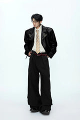 Pin Detail Geisha Print Leather Jacket