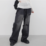 (Unisex) パッチメントウィズオープンバックデニムパンツ