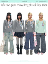 BETWEENAND Autumn gray and pink striped lightweight fake two-piece long-sleeved striped T-shirt top