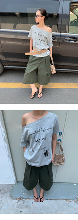 レタリングワンショルダーオフショルダーオーバーフィット半袖Tシャツ