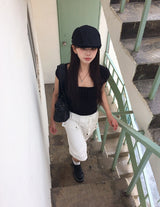 Bogi Shirring Flower Embroidery Slim Short Sleeve T-shirt