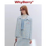 Why Berry 24SS "Sea Salt Bubble" ブルーアンドホワイトチェッカーショートコートショルダーパッドストレートジャケット