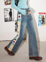 Crochet flower patchwork design, retro washed, loose straight-leg jeans