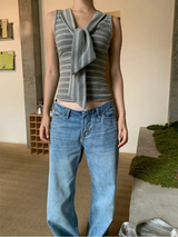 グレー ストライプ ストラップ ノースリーブ Tシャツ