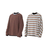 RELABEL(‘LABEL) 100% cotton woven striped contrast-color daily wear loose casual long-sleeved T-shirt