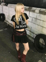 Cat Save The World クロップTシャツ (Black, White)