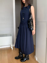 Navy Pleats Wrap Long Sleeveless Dress