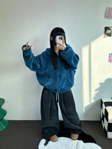 RIBBON PATTERN VELVET HOOD ZIP-UP💚💙🖤 - 3 COLORS