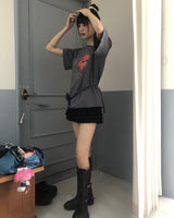 ルースフィットフラワープリントオフショルダー半袖Tシャツ