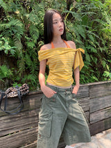 アンバランスカラーオフショルダーストラップストライプTシャツ