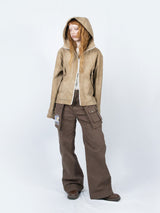 Curved Hood Leather Jacket (Beige)