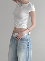Lien Eyelet Henley Neck Open Crop Top