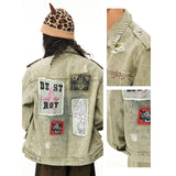 Patch-print ripped cropped denim jacket