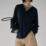 [Henry Neck, Round Neck] [Nieve] Loose Fit Cutline Long-Sleeve T-Shirt - 8 Colors