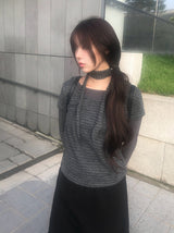 [Muffler Set/Fake Layered] Chad Stripe Layered Short Sleeve Knit T-Shirt Set