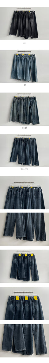 [3-tier length][S–3XL] ケッジウォッシングインシジョンサイドタックワイドデニムパンツ (4 colors)