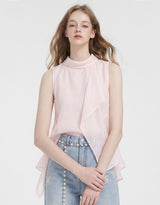 ルーンハイネックアンバランスドレープレイヤードスリーブレスブラウス Pink