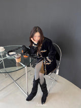 French velvet embroidered no collar jacket