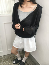 Wrap loose fit shirring hooded knit (4c)