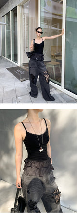 Vintage lace patch black denim pants