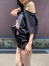ビーツアンバランスオフショルダールーズスターズアンドストライプスショートスリーブT (2 Colors)