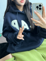 フリース🔥ハットプリンティングレタリングタトゥーパッチビッグフーディー 💙🩶🤎3COLOR