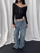 Toris Distressed Fold-Cuff Wide Denim Pants