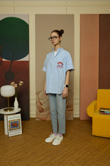 Blue Stripe Pocket short-sleeved Shirt [Unisex]