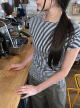 ユリモストライプボートネックショートスリーブT