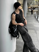 Pigment Dyeing Washing Vintage Muscle Fit Henley Neck Sleeveless Shirt