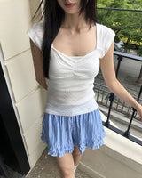 ハートネックパンチングキャップスリーブシャーリング半袖Tシャツ