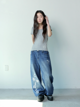 デーモンサイドダーティーロゴデニムバンディングパンツ UNISEX