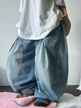 KOREAN / KEYRING / STRING 🩵 FRONT SLIT BALLOON JOGGER DENIM WIDE LONG PANTS 🩵🖤 - 2 COLORS