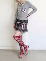 Emoha Original Women's Gray Long-Sleeved Lace-Trimmed Slim-Fit Sexy T-Shirt