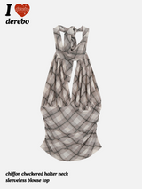 chiffon checkered halter neck sleeveless blouse top