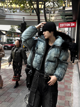 Carrot washed denim embroidered padded coat + black fur