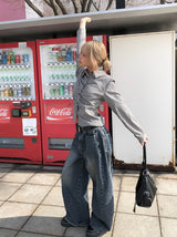 イトダブルポケットカットアウトウォッシュワイドデニムパンツ