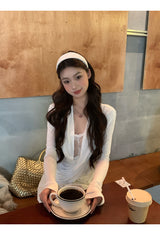 White Smudge Lace Shirring Long Sleeve T-shirt