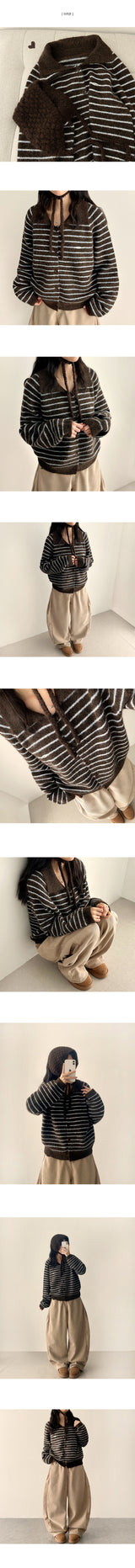 Metal logo big collar stripe knit cardigan