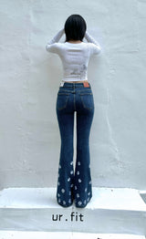 DARK BLUE EMBROIDERED SPANDEX BOOTCUT DENIM PANTS code 18315