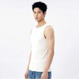 Ribbed Henley-Neck Sleeveless Top White