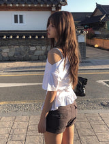 リビー フリル シャーリング オフショルダー ショートスリーブ Tシャツ