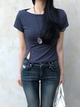 Lost Ball Stud Boat Neck Slit Half Tee