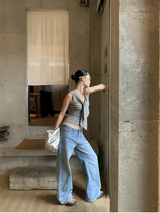 グレー ストライプ ストラップ ノースリーブ Tシャツ