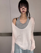 Frisley Pastel U-Neck Loose Summer Knit Top 4color
