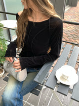 バックシースルーレース長袖Tシャツ