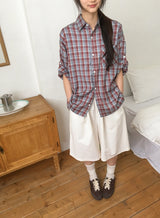 [unisex] カラニルチェックロールアップ半袖シャツ
