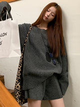 Wool charcoal oversized knit pants two-piece set